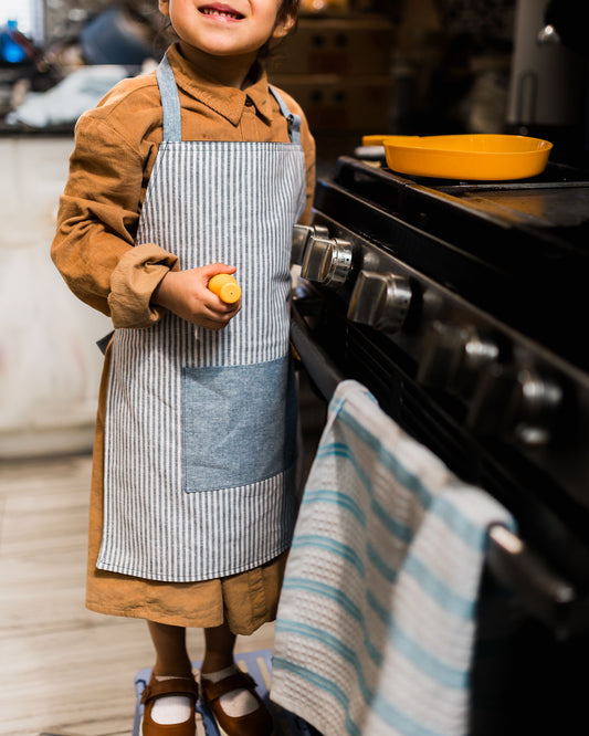 Kids Apron for Cooking & Baking, Blue Striped Toddler Apron with Pocket, Montessori Kitchen Gift for Boys & Girls.